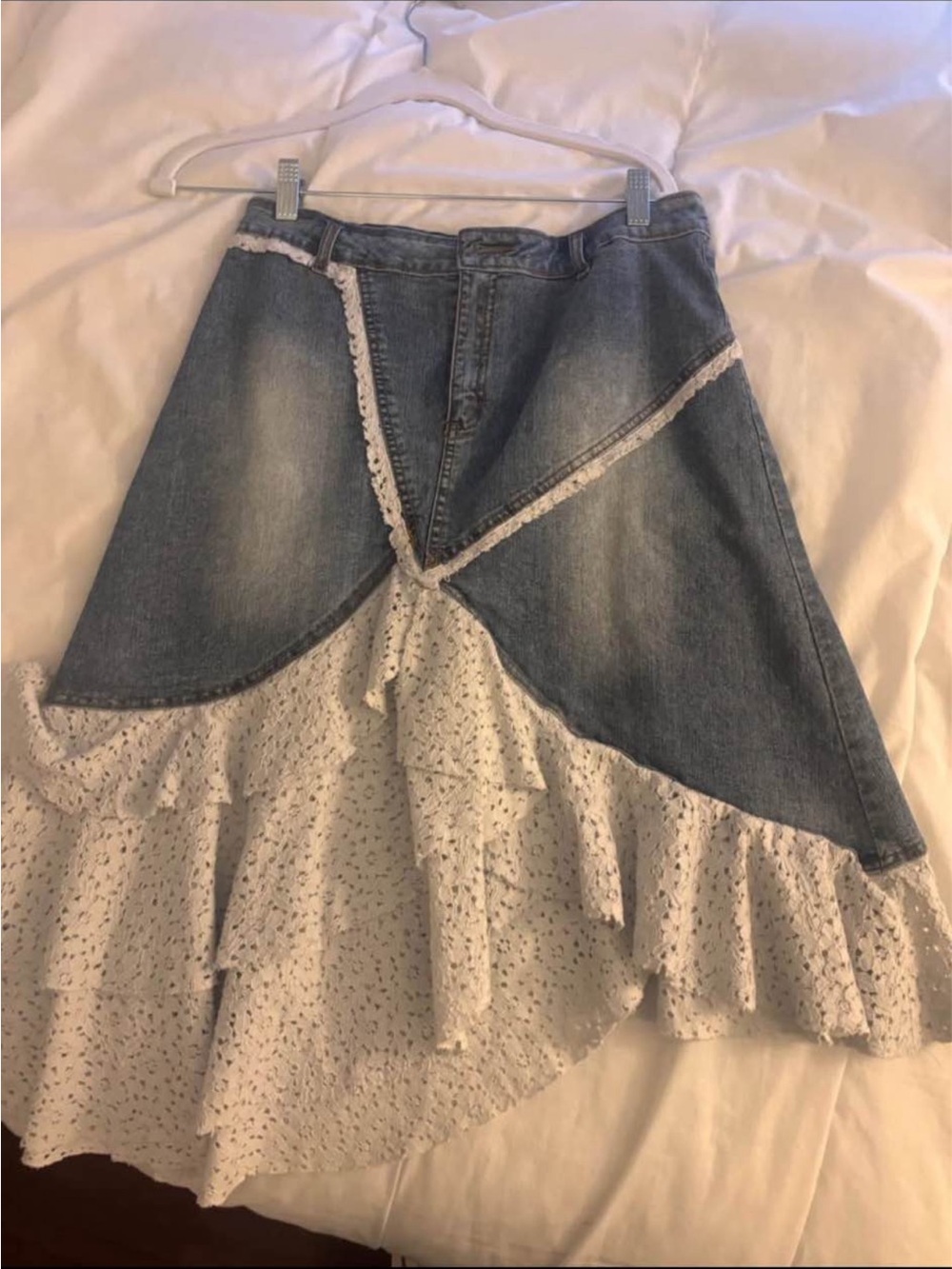 Cherokee Blue Denim and White Lace Asymmetrical Skirt